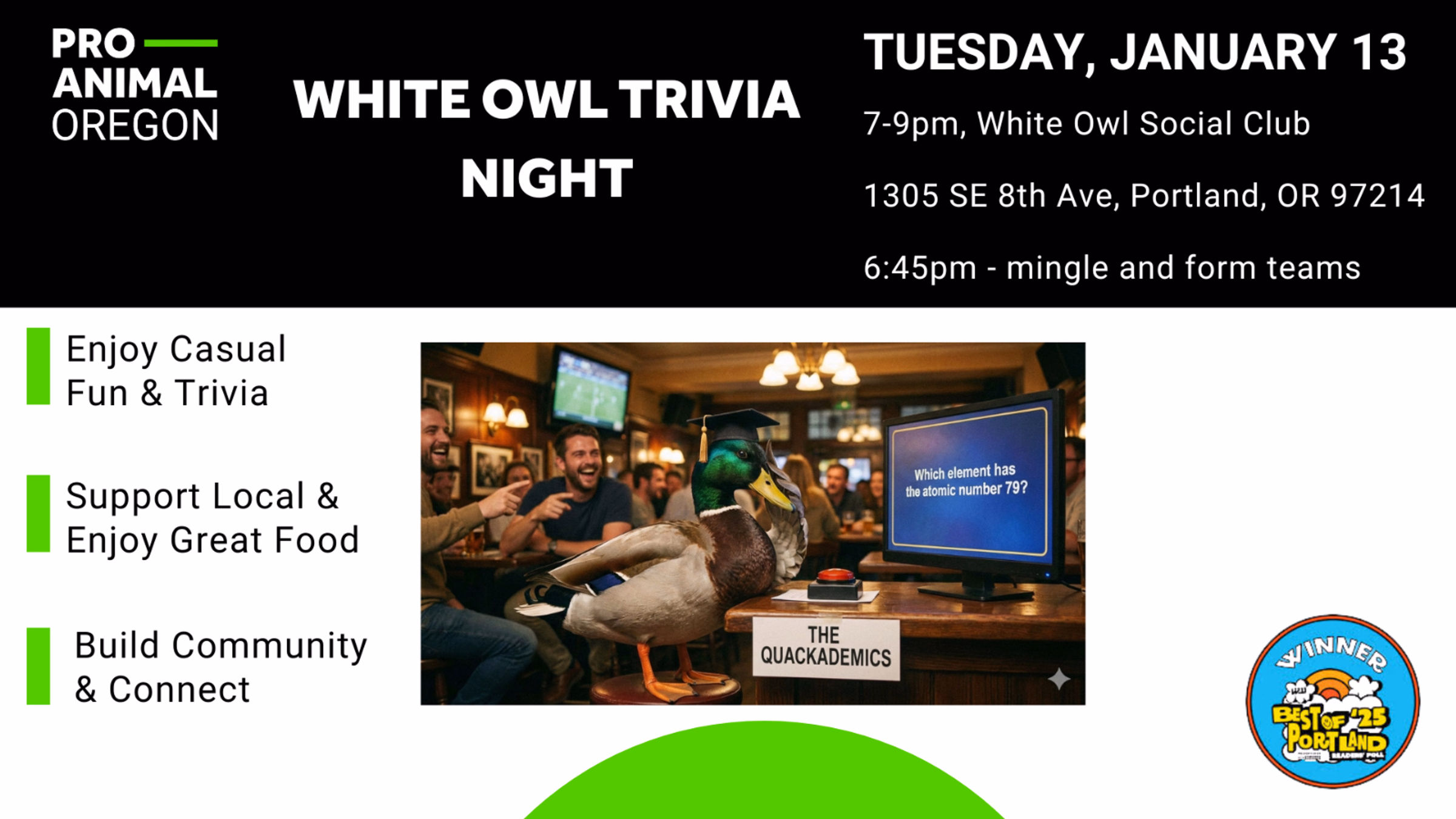 Pro-Animal White Owl Trivia Night