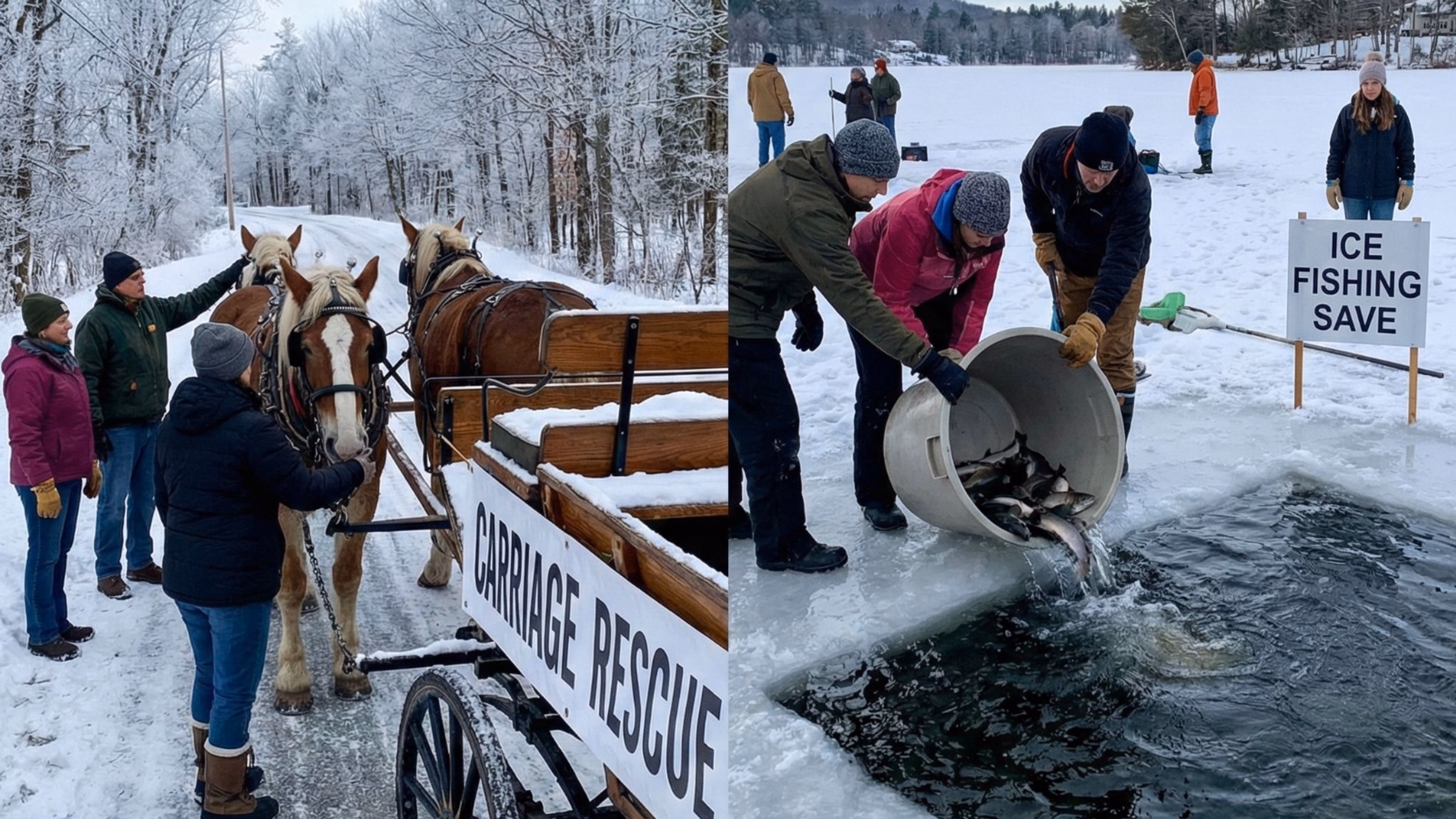Sauvez les chevaux et les poissons des abus ! Protestez contre la pêche sur glace Protest Ice Fishing and Horse Carriage