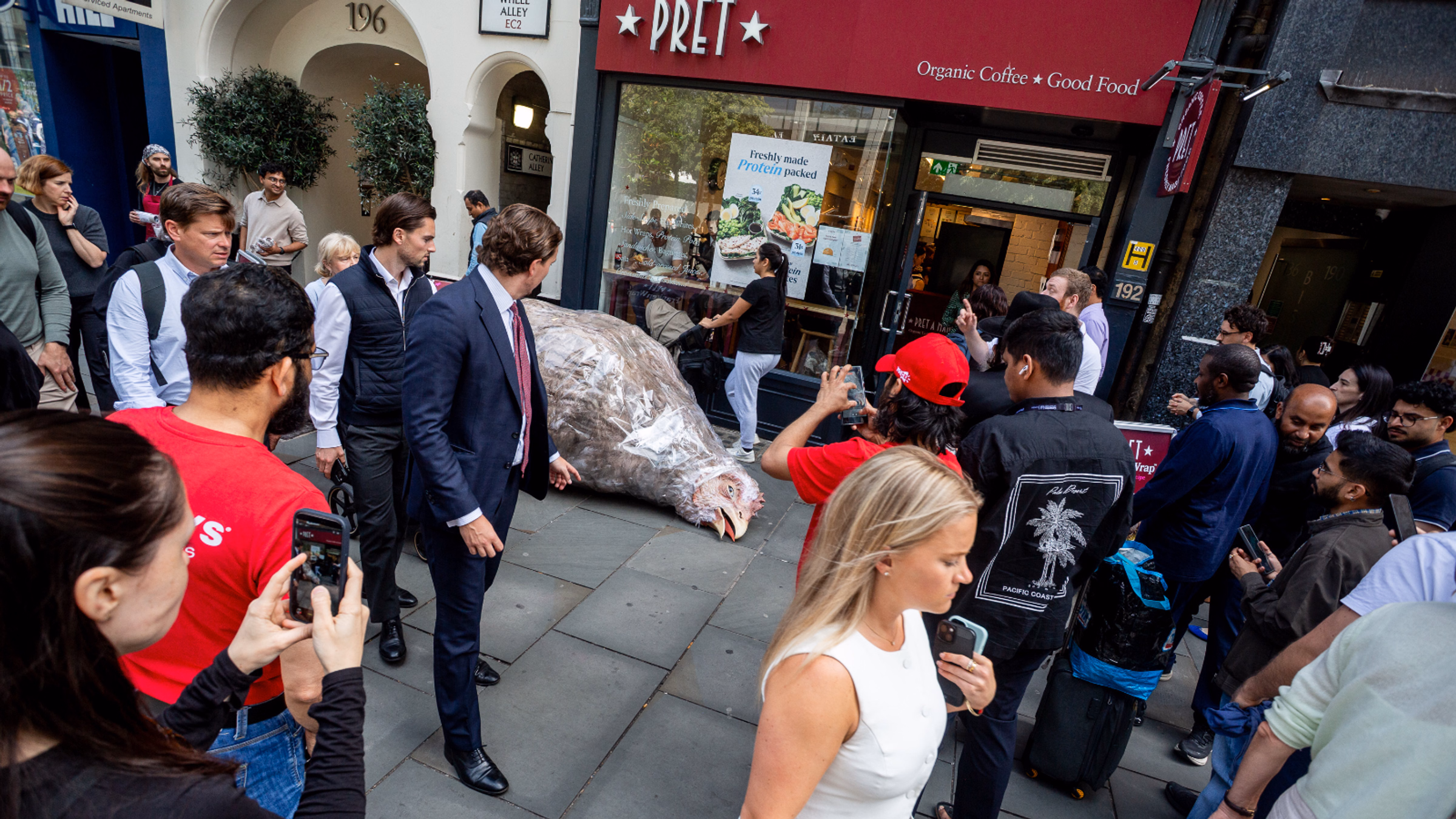 Chris Packham & The Giant FrankenChicken protest Pret A Manger